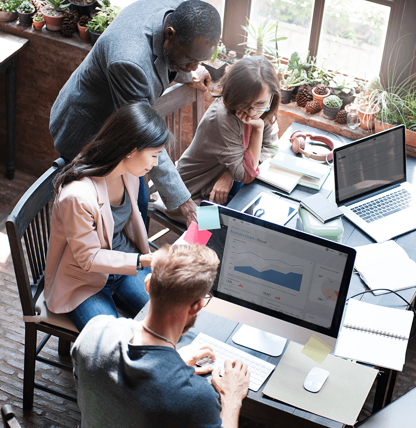 Business team discussion about data, marketing and statistics